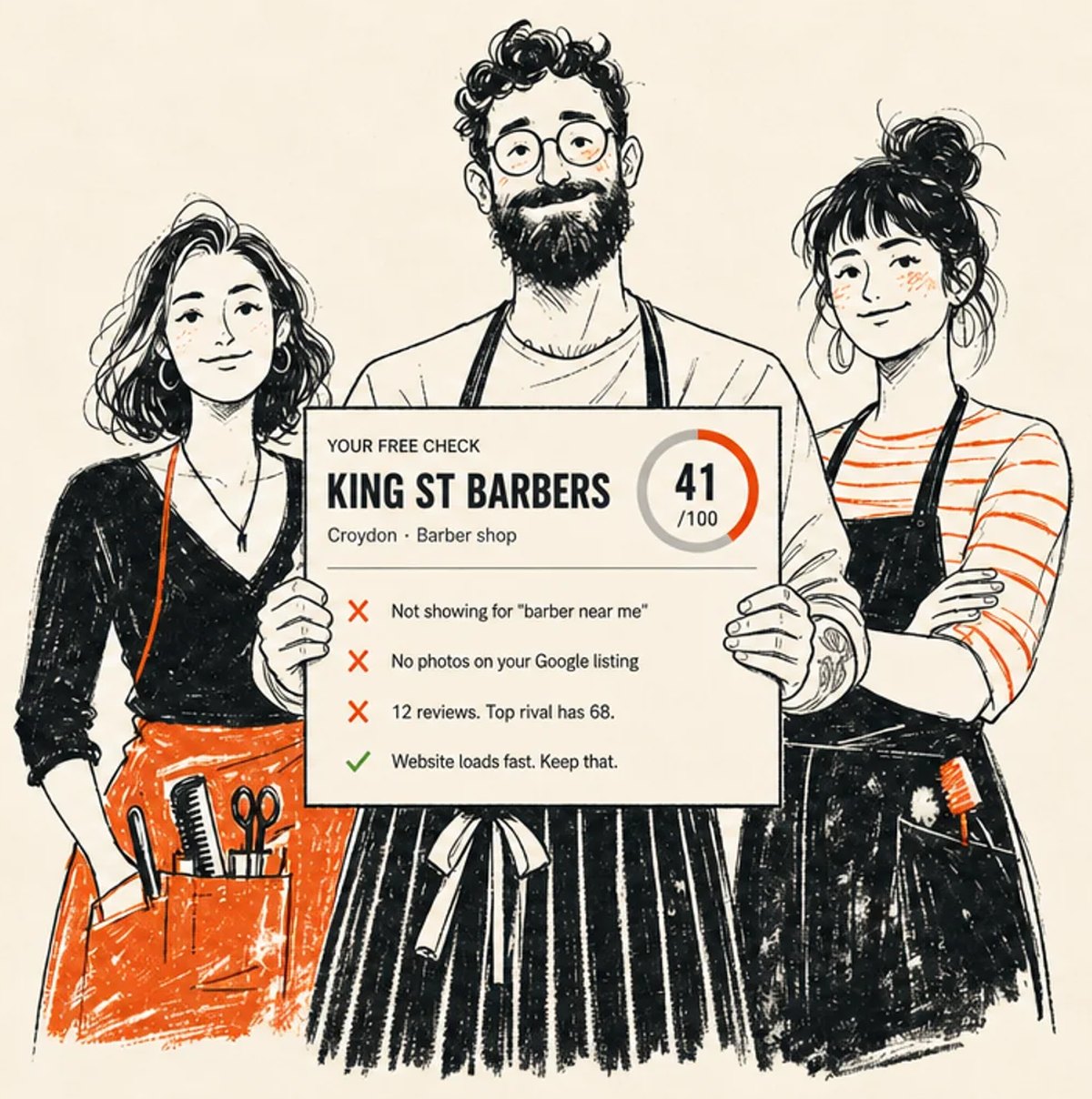 A barber holds up a free Taiko check for King St Barbers scoring 41 out of 100, standing between a hair stylist and a dog groomer.